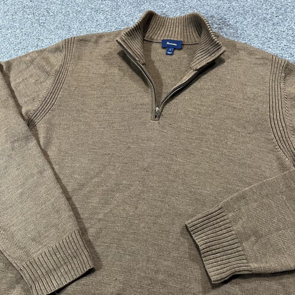 Faconnable Sweater Mens Large Brown Merino Wool 1/4 Zip Mock Neck Knit